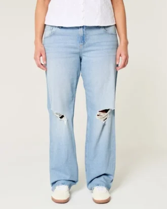 Lågmidjade, slitna, ljusblå, raka jeans