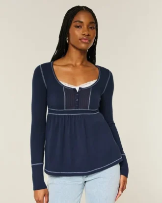 Långärmad Henley Babydoll-top