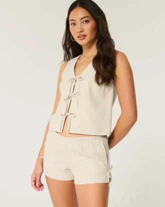 Mjuk shorts i linneblandning med rosett på sidan