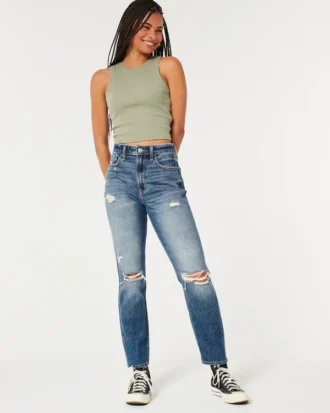 Mom-jeans med extra hög midja, slitningar och medium tvätt