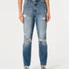 Mom-jeans med extra hög midja, slitningar och medium tvätt