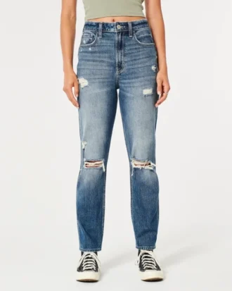 Mom-jeans med extra hög midja, slitningar och medium tvätt
