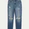 Mom-jeans med extra hög midja, slitningar och medium tvätt