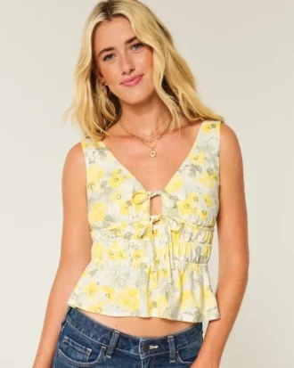Peplum-top i linneblandning med knytning fram
