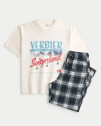 Schweizisk grafisk T-shirt och flanellpyjamasbyxor