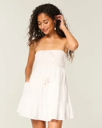 Strapless Crochet-Style Bodice Babydoll Mini Dress Strapless Crochet-Style Bodice Babydoll Mini Dress