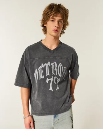 Tjock baggy crop-fotbollströja med Detroit-tryck