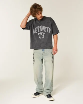 Tjock baggy crop-fotbollströja med Detroit-tryck