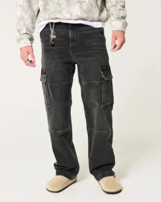 Tvättade svarta baggy cargojeans