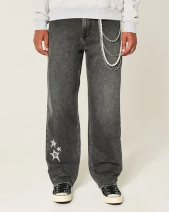 Tvättade svarta baggyjeans med stjärngrafik