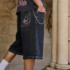 Tvättade svarta Cat Graphic Super Baggy Denim Shorts