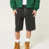Tvättade svarta Cat Graphic Super Baggy Denim Shorts