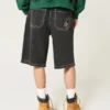 Tvättade svarta Cat Graphic Super Baggy Denim Shorts