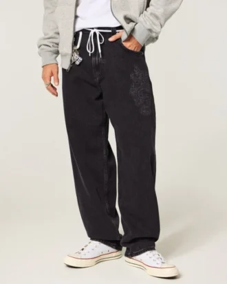 Tvättade svarta Dragon Graphic Skater Baggy Jeans