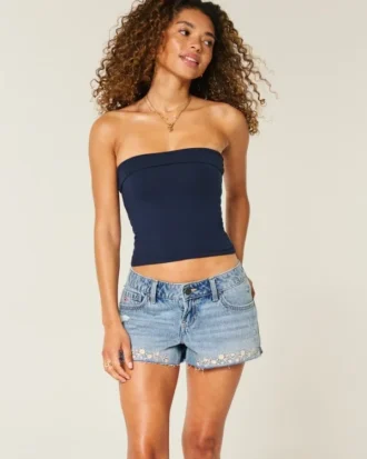 Ultra låg midja broderade denimminishorts