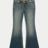 Ultra låg midja Broderat bälte Medium tvättade flare-jeans