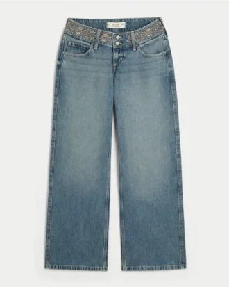 Ultra låg midja, medium tvätt, broderad midja, baggy jeans