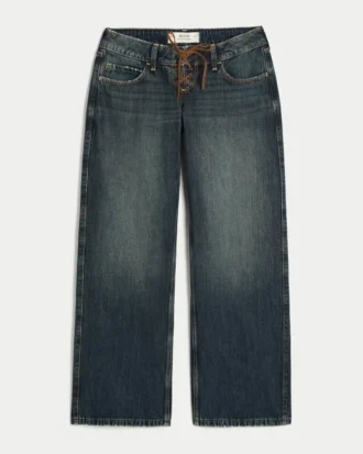Ultra låg midja, mörk tvätt, snörning, baggy jeans