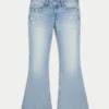Ultra låg midja, slitna, ljus tvättade jeans med paljetter Ultra låg midja, slitna, ljus tvättade jeans med paljetter